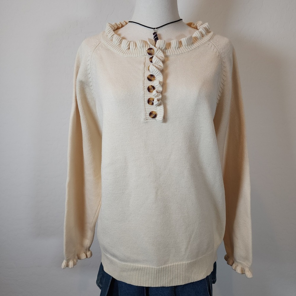 Ruffle Trim Button Up Sweater Cream Knit Pullover Womens‎ XL Extra Large